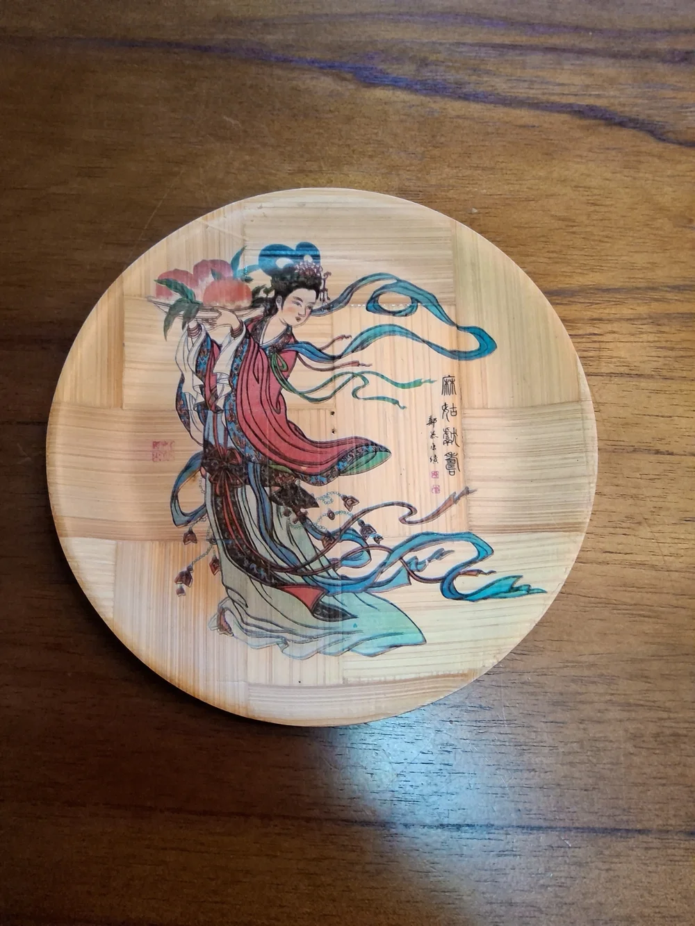 1960's Painted Bamboo Plates, Set of 3. 1 Large Square + 2 Round. Wall Decor